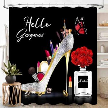 Imagem de TKUYO Cortina de chuveiro moderna, moda feminina e meninas, sapatos de salto alto, perfume, floral, rosa, maquiagem, batom, romântico, preto, impermeável, tecido, conjunto de cortina de banheiro com