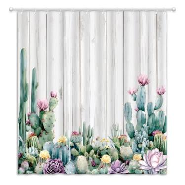 Imagem de YOZSLGU Cortina de chuveiro cacto suculenta planta verde fazenda tábua de madeira rústica tecido ocidental decoração de banheiro cortinas com ganchos, 177,8 cm L x 170 A