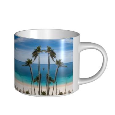 Imagem de ZERAOKE Praia e palmeira - Caneca grande de cerâmica impressa para café, capacidade grande para escritório e casa, pode ser lavada na lava-louças, design com alça em C.
