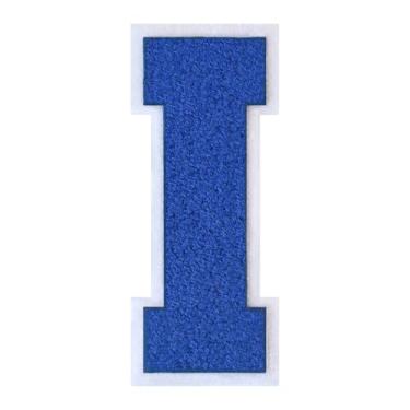 Imagem de 1 peça de patch de letra de chenille azul de 15 cm com borda branca – adesivos do alfabeto para roupas, jaquetas, mochilas, chapéus para decoração personalizada, nome personalizado e artesanato. (I)