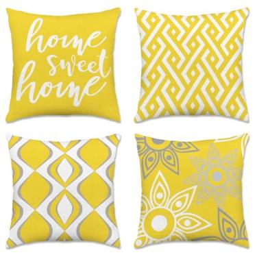 Imagem de Hexagram Capas de almofada amarelas e cinza 45,7 x 45,7 cm, conjunto de 4 capas de almofada decorativas geométricas amarelas para sofá e sala de estar decoração de casa