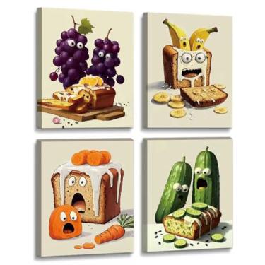 Imagem de QPOKLAF Conjunto de 4 impressões em tela de arte de parede de cozinha engraçadas emolduradas, pôsteres de impressão de alimentos, decorações de arte de pão, decoração de parede de sala de jantar