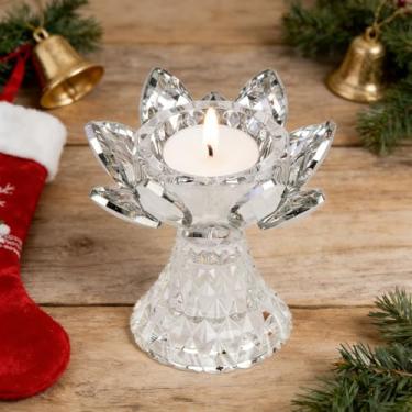 Imagem de Awexilup 1 peça de suporte de luz de chá de flor de cristal prateado, castiçal de vidro de lótus, vela votiva para mesa central, decoração de festa de casamento, bom presente