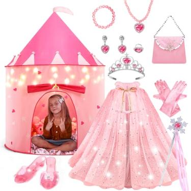 Imagem de WTOR 15Pcs Princess Castle Play Tent Dress Up with LED Glow in The Dark Stars for Little Girls－Princess Dress Up Cape with Crown,Girl Play Tent/House Toy for Indoor & Outdoor Use (Pink)