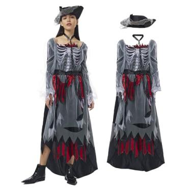 Imagem de DEZEXHOM Fantasia de pirata zumbi vestido feminino com chapéu de pirata roupa gótica renascentista viking para Halloween (2GG)
