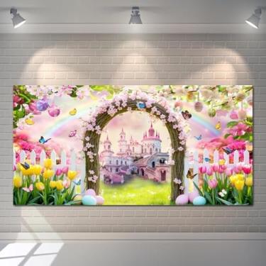 Imagem de Pano de fundo de primavera, Páscoa, 6 x 3 m, jardim, princesa, castelo, tulipa, flores, ovos, borboleta, fotografia, fundo, decoração de festa de páscoa, faixa para estúdio fotográfico