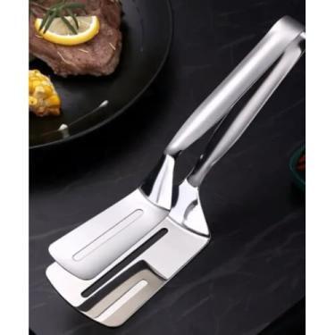 Imagem de Pinça Pegadora Dupla em Inox para Alimentos - Espátula de Cozinha Ideal para Churrasco Panqueca e Hamburguer (1 UNIDADE)