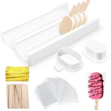 Imagem de Cortador de bolo de 7,6 cm, molde de bolo com bandeja de 22 cm, molde de bolo com 100 palitos de madeira e 100 sacos de embalagem com gravatas, conjunto de moldes de cortador de bolo para casa