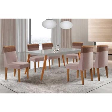 Imagem de Sala Jantar Mesa Havana Tampo c/ Vidro Curvo 180cm+6 Cadeiras Jaspe Madeira Naturale/Off White - Capuccino/Linho Capuccino - Rufato
