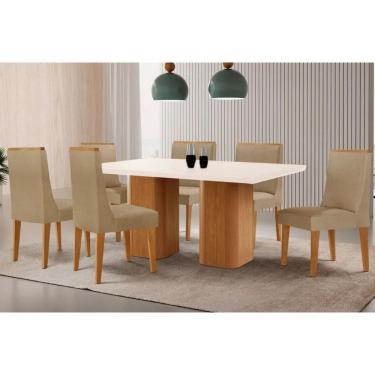 Imagem de Sala Jantar Mesa Maldivas Tampo c/ Vidro Curvo 180cm+6 Cadeiras Dakota Madeira Naturale/Off White - Capuccino/Linho Bege - Rufato