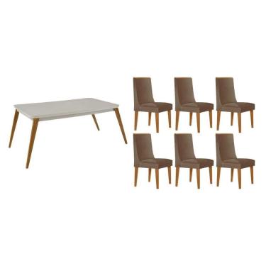 Imagem de Sala Jantar Mesa Havana Tampo c/ Vidro Curvo 180cm+6 Cadeiras Dakota Madeira Naturale/Off White - Capuccino/Corano Capuccino - Rufato
