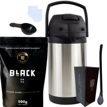 Imagem de Kit Tereré Black Erva Mate 500g Garrafa Térmica 2,5L Copo Acrílico 270ML e Bomba de Ferro (MENTA E BOLDO)