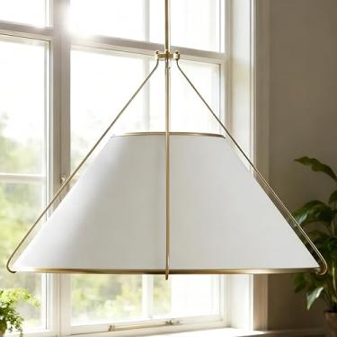 Imagem de Lustre Moderno Cônico De Linho Com Acabamento Em Latão Polido, Luzes Pendentes Para Sala De Estar, Luzes De Cozinha Com Ilha (Branco)