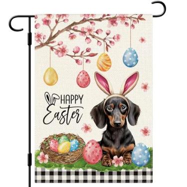 Imagem de DLZDN Happy Easter Dachshund Bandeira de jardim para cães 30,5 x 45,7 cm, dupla face, vertical, serapilheira, quintal, quintal, sinal, primavera, férias, decoração ao ar livre