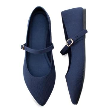 Imagem de Soesyi Sapatilhas de balé de malha de bico fino para mulheres confortáveis com alça ajustável, rasteiras casuais laváveis e elegantes para trabalho e escritório, Azul marino, 35