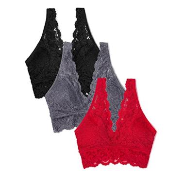 Imagem de Smart & Sexy Sutiã feminino exclusivo de renda profundo, sem fio, disponível em vários pacotes, No No Red/Black/Antracite - Pacote com 3, P
