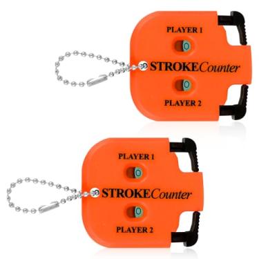 Imagem de 2 contadores de golpes de golfe, mini marcador de pontuação de golfe prático e portátil para 2 jogadores com chaveiro para diferentes tipos de competições e jogos (laranja)