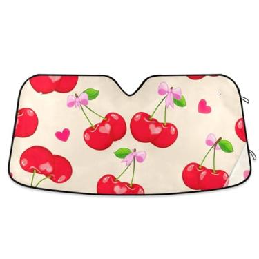 Imagem de Toldo de sol personalizado vermelho cerejas bege para para-brisas de carro retrátil dobrável caminhão carro para protetor de janelas dianteiras S, 134,6 cm x 59,7 cm
