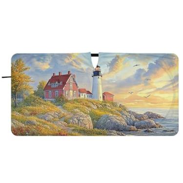 Imagem de Farol costeiro pôr do sol personalizado para-sol para para-brisa de carro dobrável caminhão janela de carro guarda-chuva de para-brisa frontal, 81 cm x 157 cm