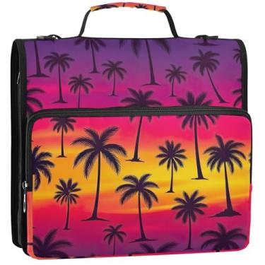 Imagem de Fichários de 3 cm com 3 anéis, palmeiras resistentes, pôr do sol, céu roxo, fichário organizador de fichários com alça bolsa escolar colorida, vários bolsos, pasta grande, 34,5 x 31,5 x 9 cm