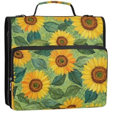 Imagem de Girassol, amarelo, verde, 3 anéis, 3 anéis, organizador de fichário com zíper, bolsa para ensino médio com alça de armazenamento, pasta de portfólio com alça, 34,5 x 31,5 x 9 cm