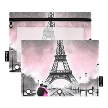 Imagem de Estojo de lápis com 3 argolas vintage para dia dos namorados preto com zíper bolsa de lápis para fichários decorativos transparentes, estojo para canetas, giz de cera escolar, 25 x 18 cm, 2 pacotes