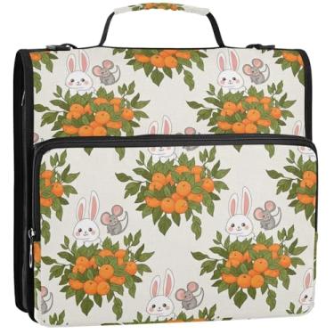 Imagem de Coelho branco de desenho animado laranja verde 3,8 cm 3 argolas organizador de fichário com zíper bolsa de fichário escolar com alça carteira profissional e estojo suporte de pasta de anel, 34,5 x