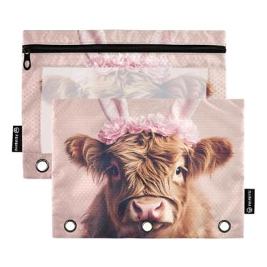 Imagem de Pasta de lápis Work com 3 anéis, bolsa para canetas, fichário com zíper, fichário transparente, estojo para canetas, escola, Páscoa, fofo, coelhinho de vaca das terras altas, 25 x 18 cm, 2 pacotes