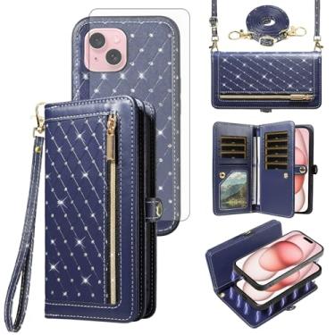 Imagem de Capa de celular para iPhone 15 15.5 cm carteira magnética destacável com protetor de tela, alça transversal com glitter, flip, compartimento para cartão de crédito i Phone15 i15 15 capa feminina azul