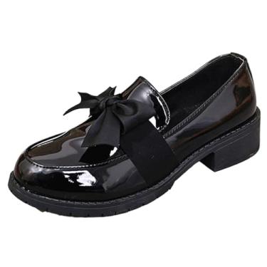 Imagem de Sapatos femininos elegantes e casuais versáteis de um pé com laço redondo confortável tamanho grande salto grosso pequeno sapatos de couro, Preto, 37 BR