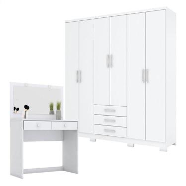 Imagem de Guarda Roupa Casal Caju 6 Portas E Penteadeira Daila Com Led Branco - Henn