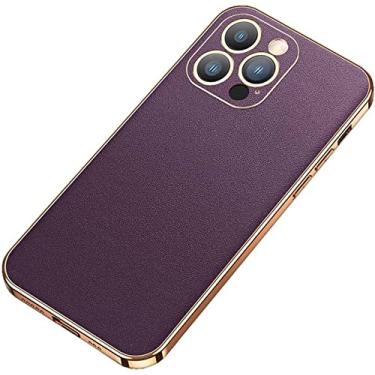 Imagem de MAALYA Capa de telefone de borda dourada de couro, para Apple iPhone 14 Plus 2022 capa traseira à prova de choque com lente de câmera de proteção (cor: roxo)
