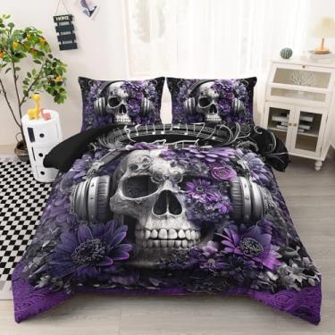 Imagem de AILONEN Conjunto de edredom de caveira floral para meninas, tamanho solteiro, 3 peças, tema musical, esqueleto, gótico, roxo, estampa de crânio, com 2 fronhas