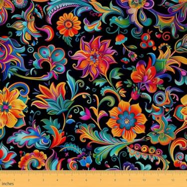 Imagem de Erosebridal Tecido floral barroco Boho por jarda, tecido decorativo de paisley, arte a óleo, para cadeiras, sofá, vintage, retrô, elegante, flor, interior, exterior, 1 jarda, laranja, azul-petróleo