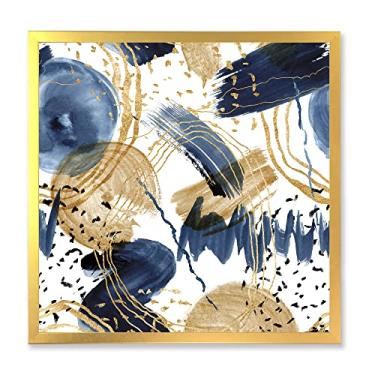 Imagem de DesignQ Arte de parede emoldurada moderna com texturas azuis escuras e douradas