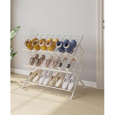 Imagem de Sapateira de metal de tecido de malha estreita fina e livre organizador de sapatos prateleiras altas inclinadas prateleira de armazenamento de sapatos para armário entrada corredor (55,1 cm L L x