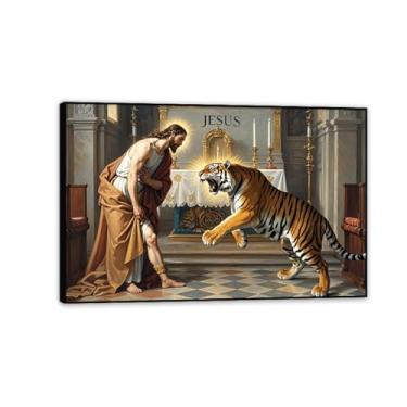 Imagem de Arte de parede em tela de leão e cordeiro, Jesus e o tigre feroz, pintura, arte, cristo, religioso, decoração de casa para igreja, sala de estar, 75 x 50 cm, moldura preta
