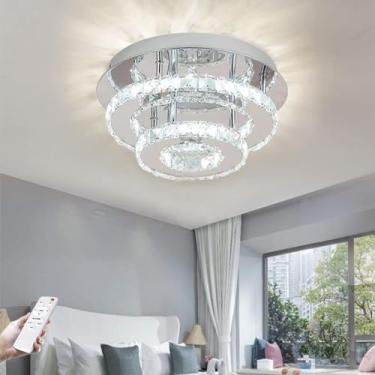 Imagem de Luminária de teto moderna, pendente, LED branco cristal, dimerizável com controle remoto, lustre retangular com 2 anéis para sala de estar, sala de jantar, quarto e escritório (Si)