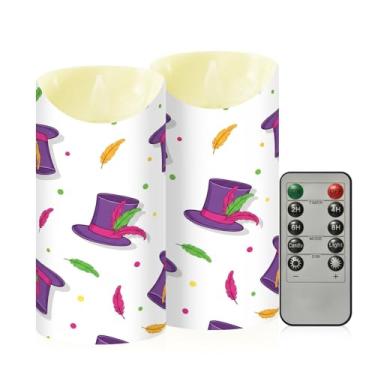 Imagem de Wassud Pacote com 2 chapéus de penas de carnaval Velas sem chama com controle remoto, velas realistas cintilantes com temporizador, velas decorativas para Natal, casamento, festa, decoração de casa