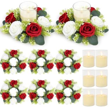 Imagem de Acmee Anéis de vela rosa rosa com conjuntos de velas sem chamas - 12 peças de flores artificiais eucalipto casamento centro de mesa de 7,6 cm para decoração de festa de casamento (carmesim - 6