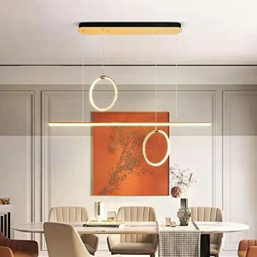 Imagem de Luminária pendente moderna de LED para mesa de jantar, dourada, com intensidade regulável e design simples em formato circular. Possui controle remoto e é ideal para salas de jantar e escrit