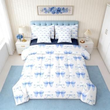 Imagem de Erosebridal Conjunto de cama solteiro com laço azul, 7 peças, estilo princesa, sonhador, com lençóis, moderno, fofo, conjunto de cama
