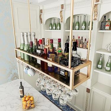 Imagem de Suporte de copo de vinho pendurado, suporte de garrafa de vinho vintage, prateleiras organizadoras flutuantes de metal, rack de armazenamento de taças, decoração de teto, prateleira decorativa para