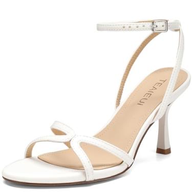 Imagem de TEAIEUI Sandálias femininas stiletto com tiras de salto alto de 7,6 cm com bico redondo e fivela na tira no tornozelo elegantes sandálias de salto aberto para festa de trabalho casual e uso diário