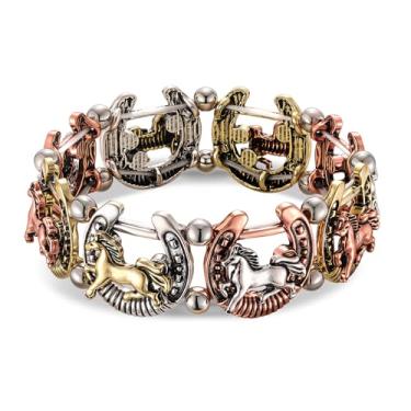 Imagem de ARATLENCH Pulseira elástica de cavalo ferradura Western Country Derby corrida de cavalos vintage pulseira de ferradura joia acessório presente para mulheres, Medium, liga metálica, Sem Pedra Preciosa