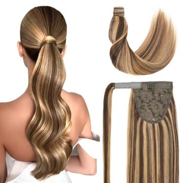 Imagem de Amygirl Extensão de rabo de cavalo cabelo humano 50 cm castanho médio loiro misto sedoso liso clipe em extensões de cabelo para meninas (50 cm castanho médio loiro misto #4P27 95G)