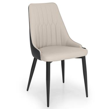 Imagem de Cadeira De Jantar Estofada Torino Design Italiano Costuras Geométricas Base Em Metal - Bege-cinza Escuro