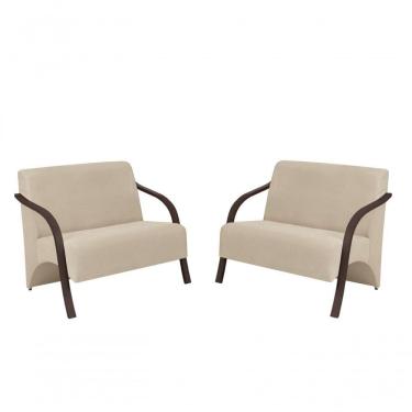Imagem de Kit 2 Poltronas Namoradeira 2 Lugares Suede Madeira Bege