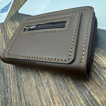 Imagem de Carteira curta masculina, carteira multifuncional de couro PU com zíper, presente ideal para homens, Café escuro, Bonito