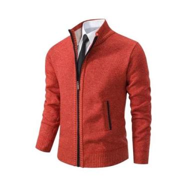 Imagem de Cardigã Masculino De Fleece Quente Com Zíper, Cor Sólida, Gola Alta, C